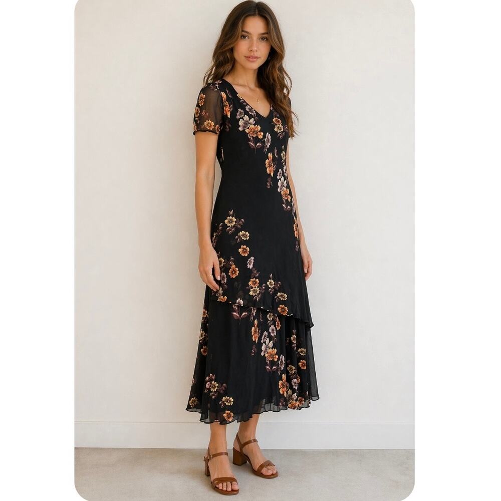 Y2K Eva Blue Black Floral Tiered Midi Dress Boho Goth Rayon Size 8